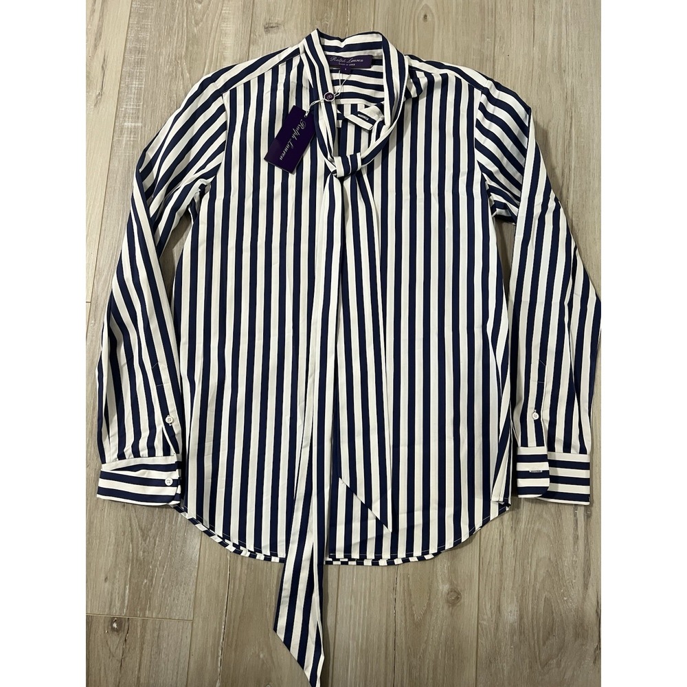 ralph lauren purple label Blue And White Striped Tie-front Blouse Sz 4